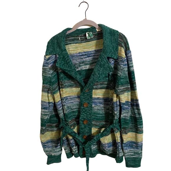 Vintage Anderson Little Green Striped Button Down Belted Cardigan Sweater - Picture 1 of 6